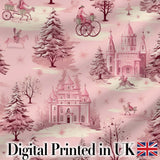 Vintage Pink Christmas Village Winter Scene Seamless Pattern Digital Print Fabric by the Metre UK Sewing Quilting Textile