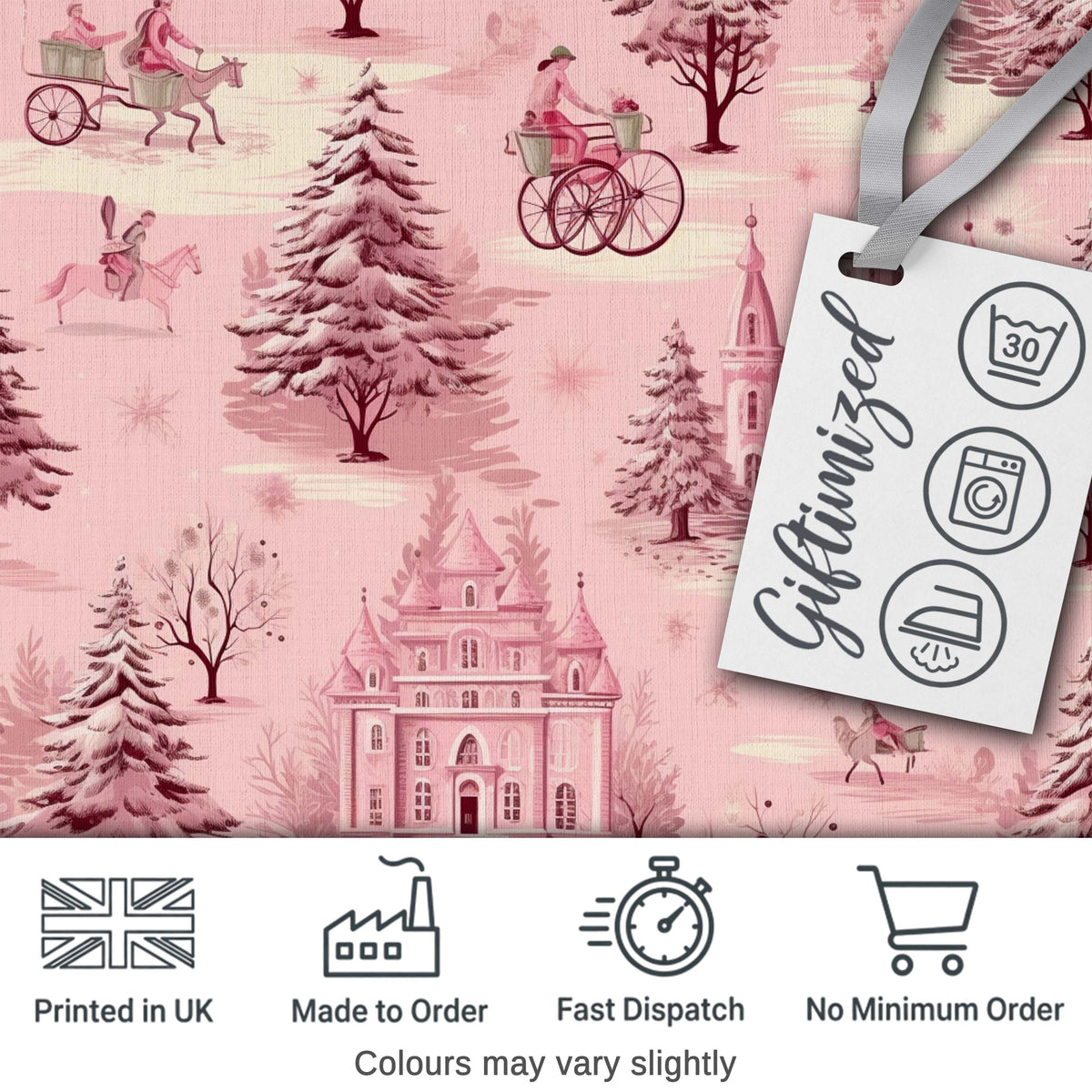 Vintage Pink Christmas Village Winter Scene Seamless Pattern Digital Print Fabric by the Metre UK Sewing Quilting Textile