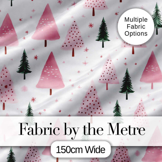 Minimal Pink Green Christmas Tree Snow Seamless Pattern Digital Print Fabric by the Metre UK Sewing Quilting Textile