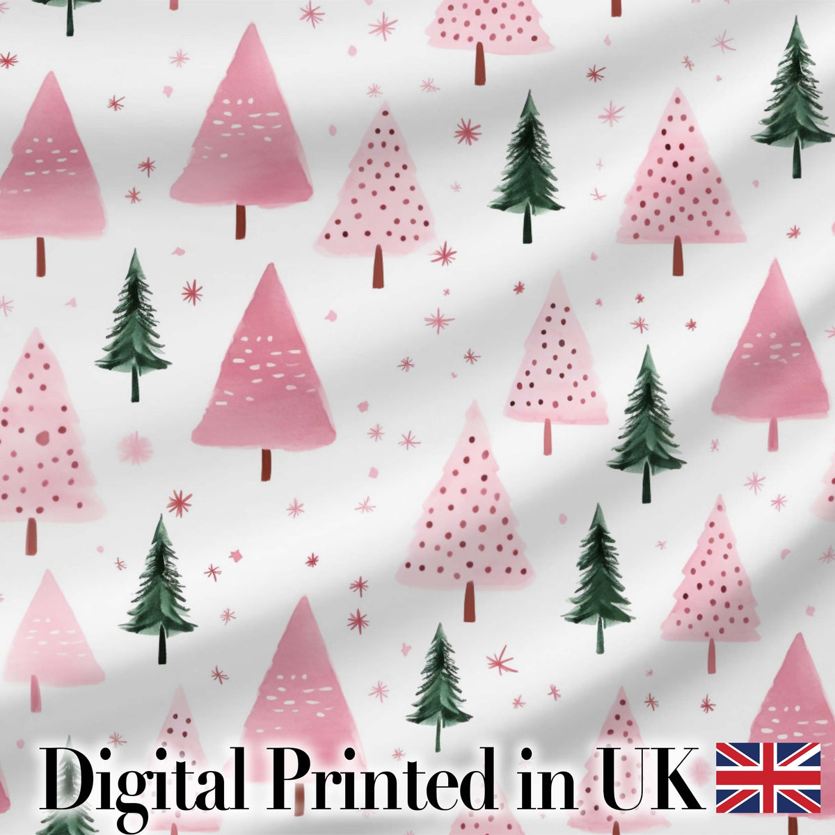 Minimal Pink Green Christmas Tree Snow Seamless Pattern Digital Print Fabric by the Metre UK Sewing Quilting Textile