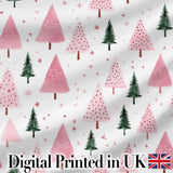 Minimal Pink Green Christmas Tree Snow Seamless Pattern Digital Print Fabric by the Metre UK Sewing Quilting Textile