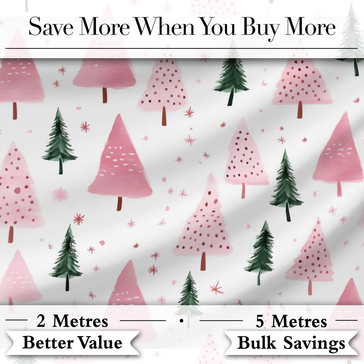 Minimal Pink Green Christmas Tree Snow Seamless Pattern Digital Print Fabric by the Metre UK Sewing Quilting Textile