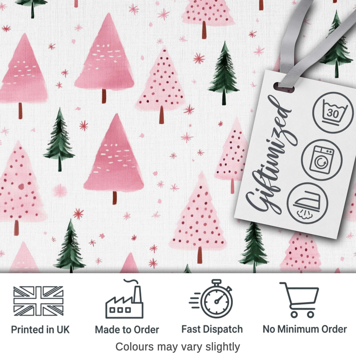Minimal Pink Green Christmas Tree Snow Seamless Pattern Digital Print Fabric by the Metre UK Sewing Quilting Textile