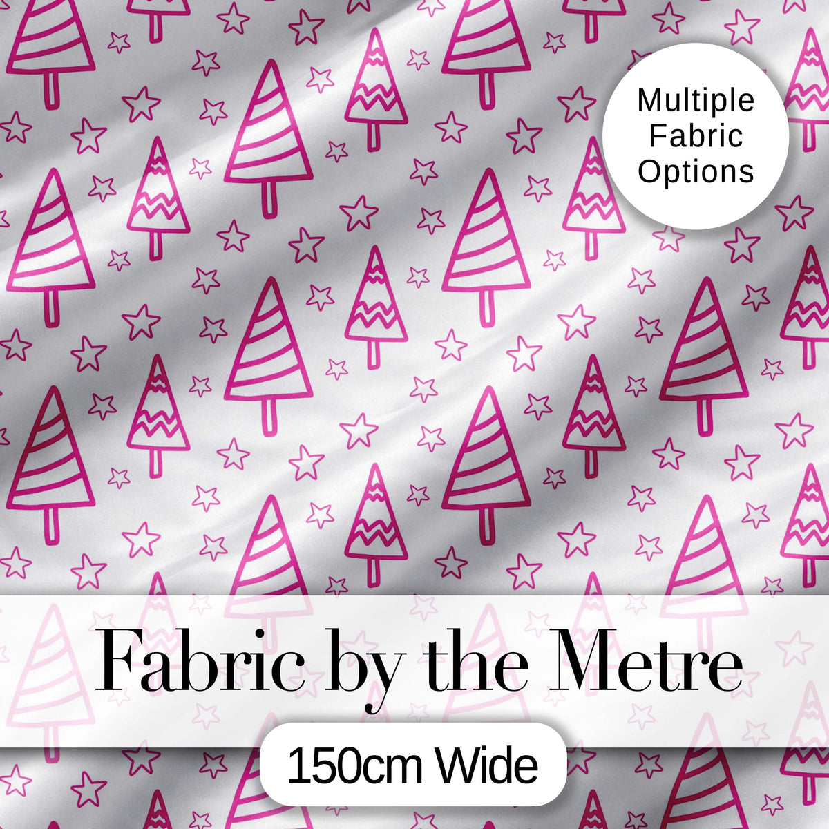 Cute Pink Christmas Tree Star Doodle Seamless Pattern Digital Print Fabric by the Metre UK Sewing Quilting Textile