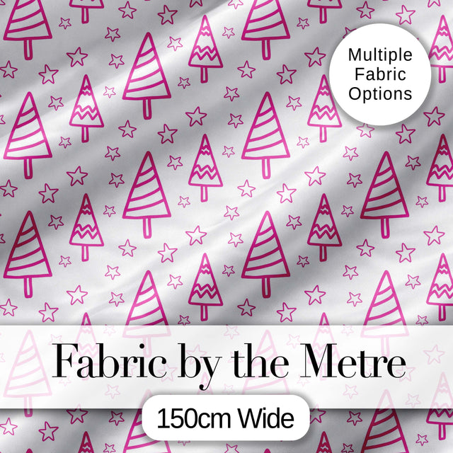 Cute Pink Christmas Tree Star Doodle Seamless Pattern Digital Print Fabric by the Metre UK Sewing Quilting Textile