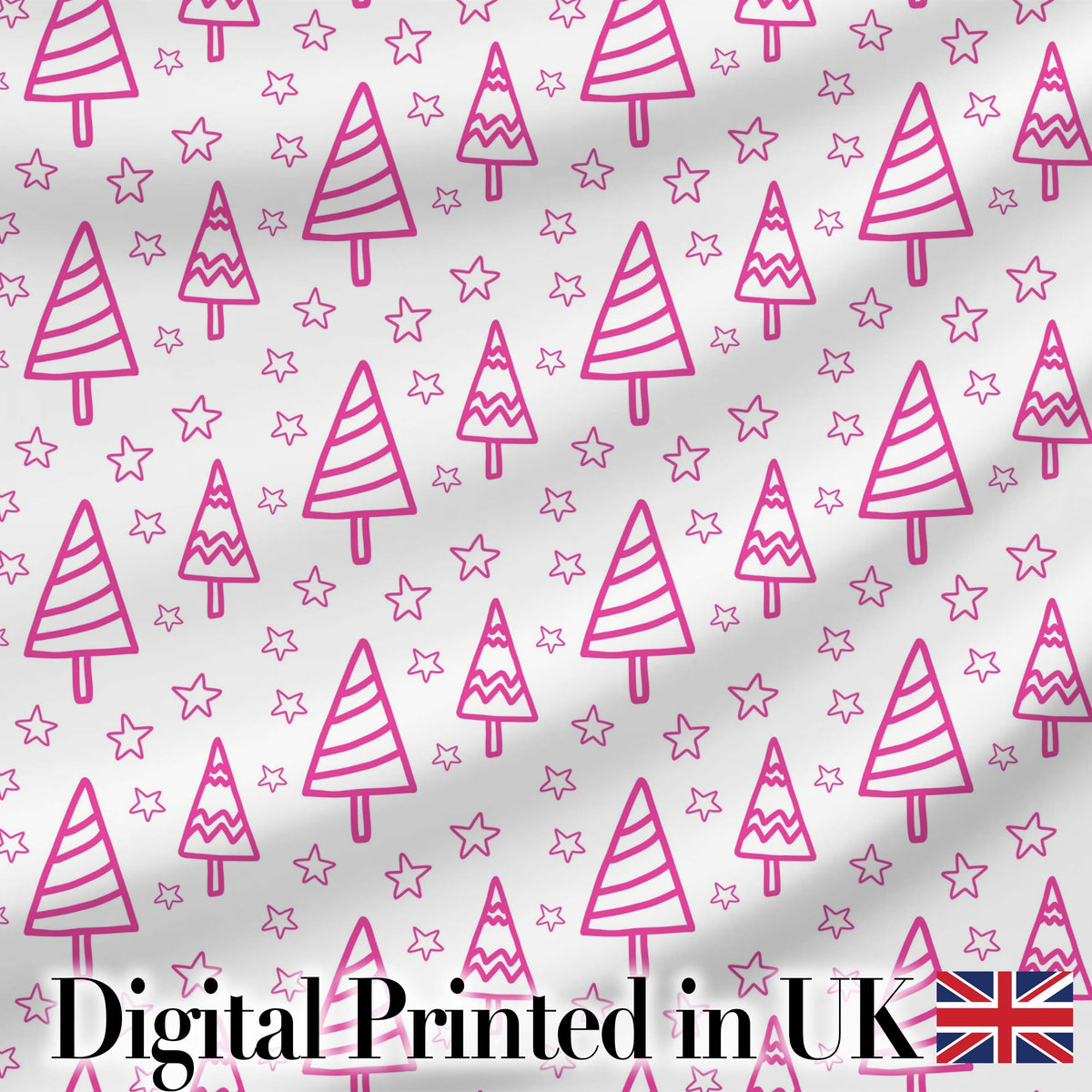 Cute Pink Christmas Tree Star Doodle Seamless Pattern Digital Print Fabric by the Metre UK Sewing Quilting Textile