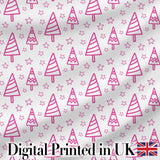 Cute Pink Christmas Tree Star Doodle Seamless Pattern Digital Print Fabric by the Metre UK Sewing Quilting Textile