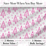 Cute Pink Christmas Tree Star Doodle Seamless Pattern Digital Print Fabric by the Metre UK Sewing Quilting Textile