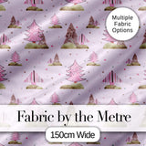 Watercolor Pink Winter Forest Tree Hill Seamless Pattern Digital Print Fabric by the Metre UK Sewing Quilting Textile