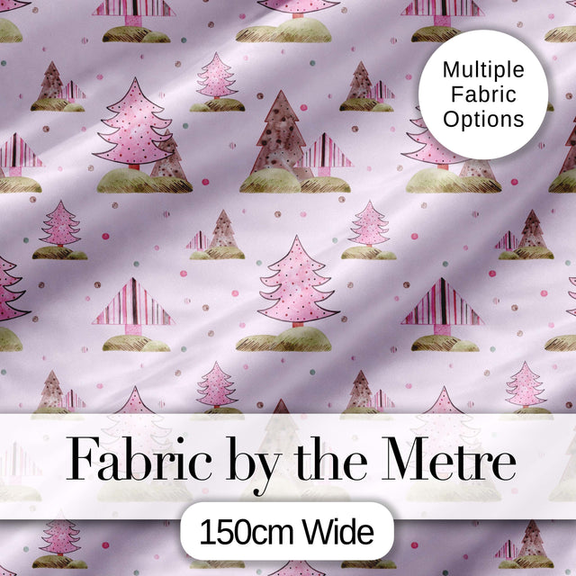 Watercolor Pink Winter Forest Tree Hill Seamless Pattern Digital Print Fabric by the Metre UK Sewing Quilting Textile