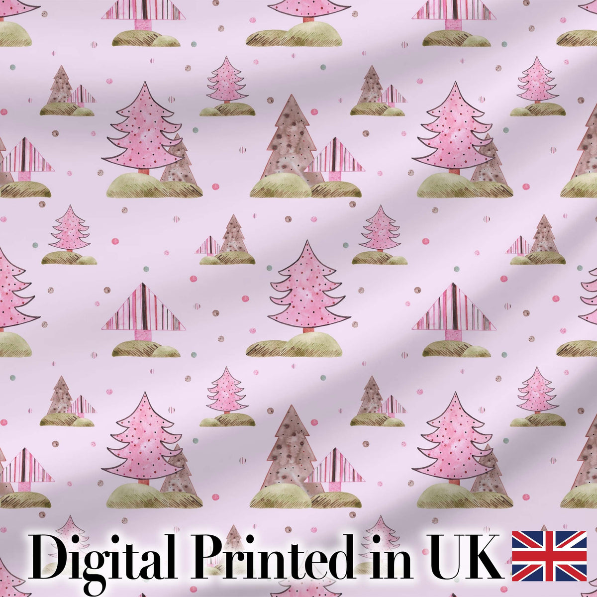 Watercolor Pink Winter Forest Tree Hill Seamless Pattern Digital Print Fabric by the Metre UK Sewing Quilting Textile