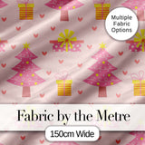 Cute Pink Christmas Tree Gift Heart Seamless Pattern Digital Print Fabric by the Metre UK Sewing Quilting Textile