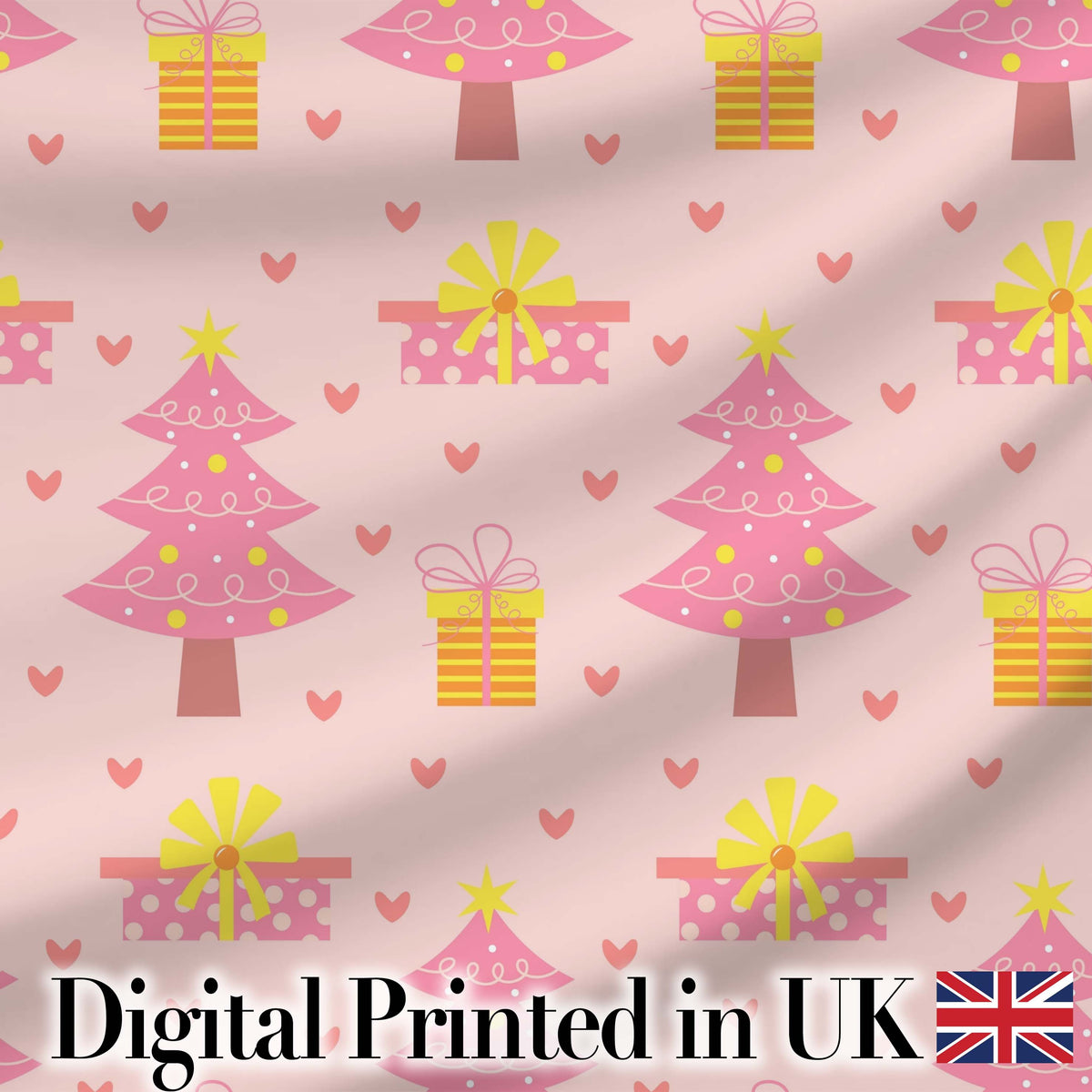 Cute Pink Christmas Tree Gift Heart Seamless Pattern Digital Print Fabric by the Metre UK Sewing Quilting Textile