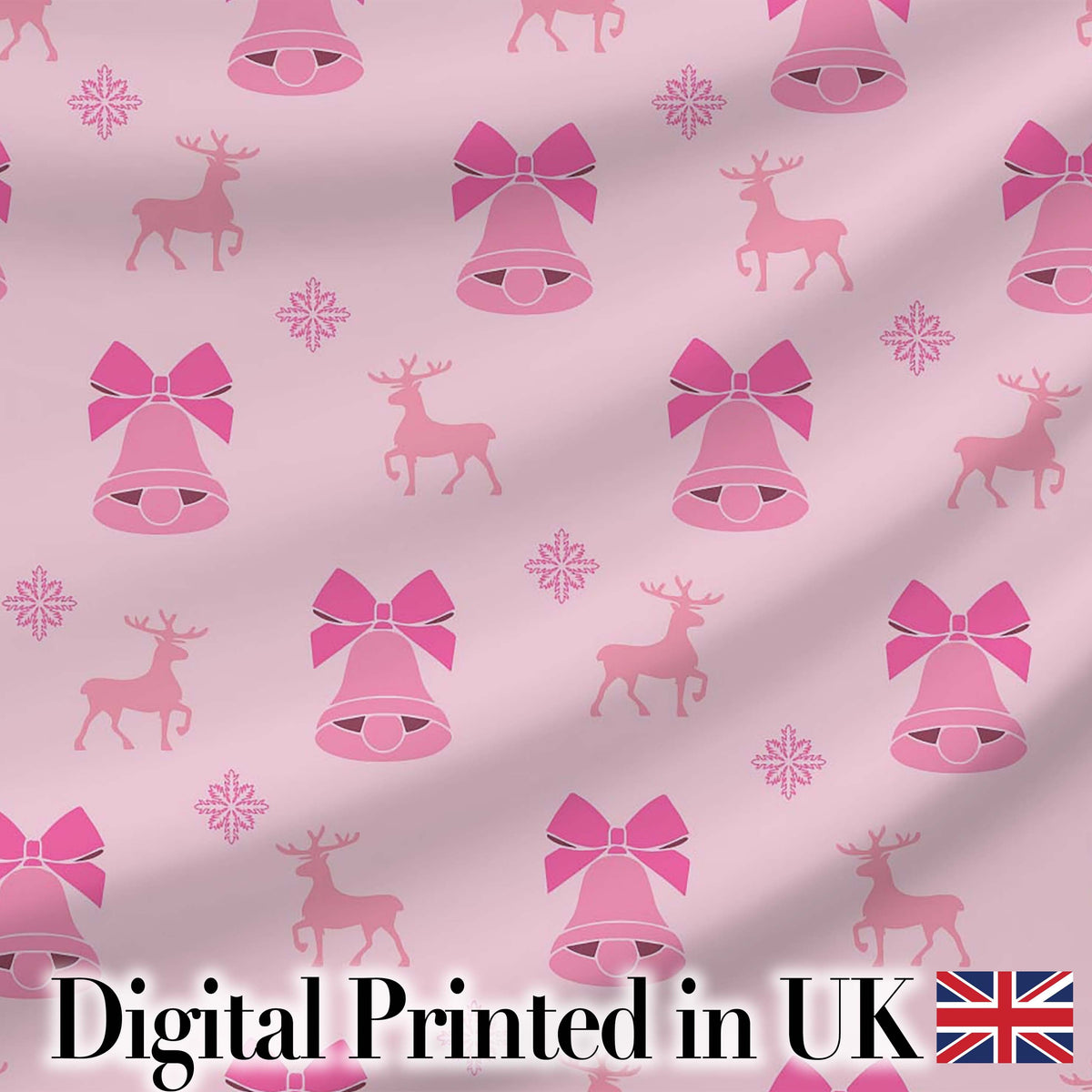 Minimal Pink Bell Bow Reindeer Winter Seamless Pattern Digital Print Fabric by the Metre UK Sewing Quilting Textile