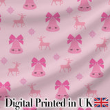 Minimal Pink Bell Bow Reindeer Winter Seamless Pattern Digital Print Fabric by the Metre UK Sewing Quilting Textile