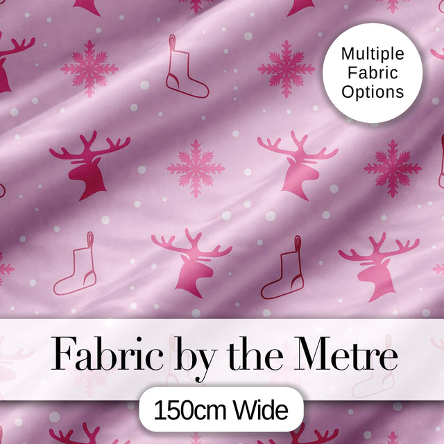 Pink Reindeer Snowflake Winter Stocking Seamless Pattern Digital Print Fabric by the Metre UK Sewing Quilting Textile