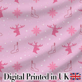 Pink Reindeer Snowflake Winter Stocking Seamless Pattern Digital Print Fabric by the Metre UK Sewing Quilting Textile
