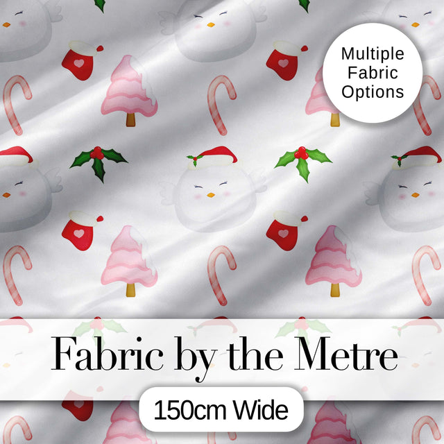 Cute Christmas Dove Holly Candy Cane Seamless Pattern Digital Print Fabric by the Metre UK Sewing Quilting Textile