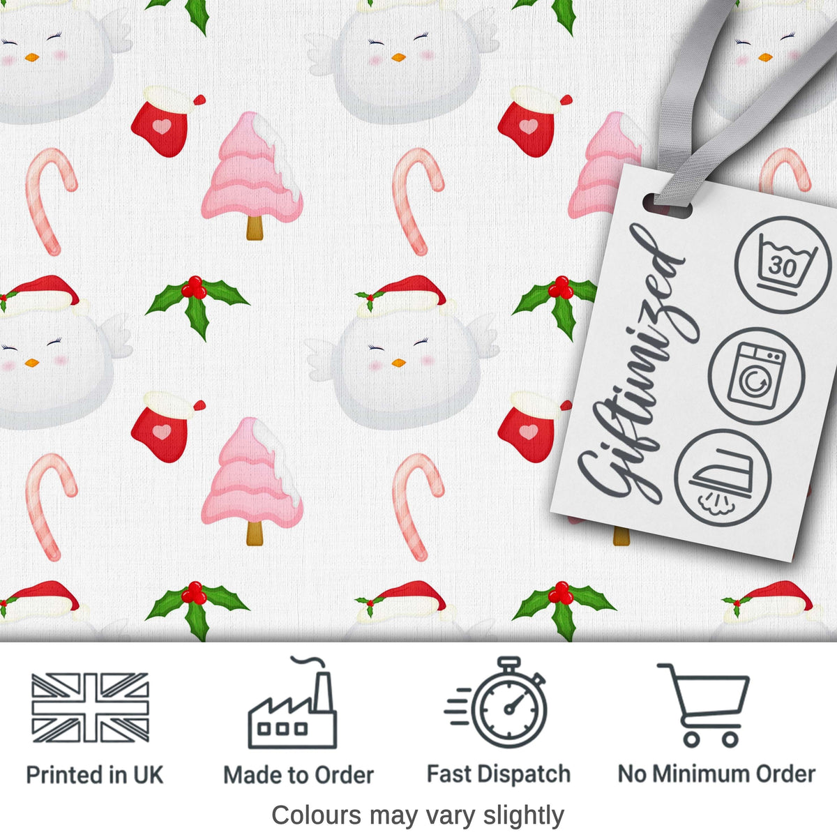 Cute Christmas Dove Holly Candy Cane Seamless Pattern Digital Print Fabric by the Metre UK Sewing Quilting Textile