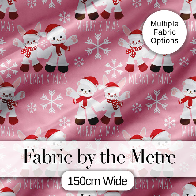 Cute Bunny Bear Merry Xmas Winter Seamless Pattern Digital Print Fabric by the Metre UK Sewing Quilting Textile