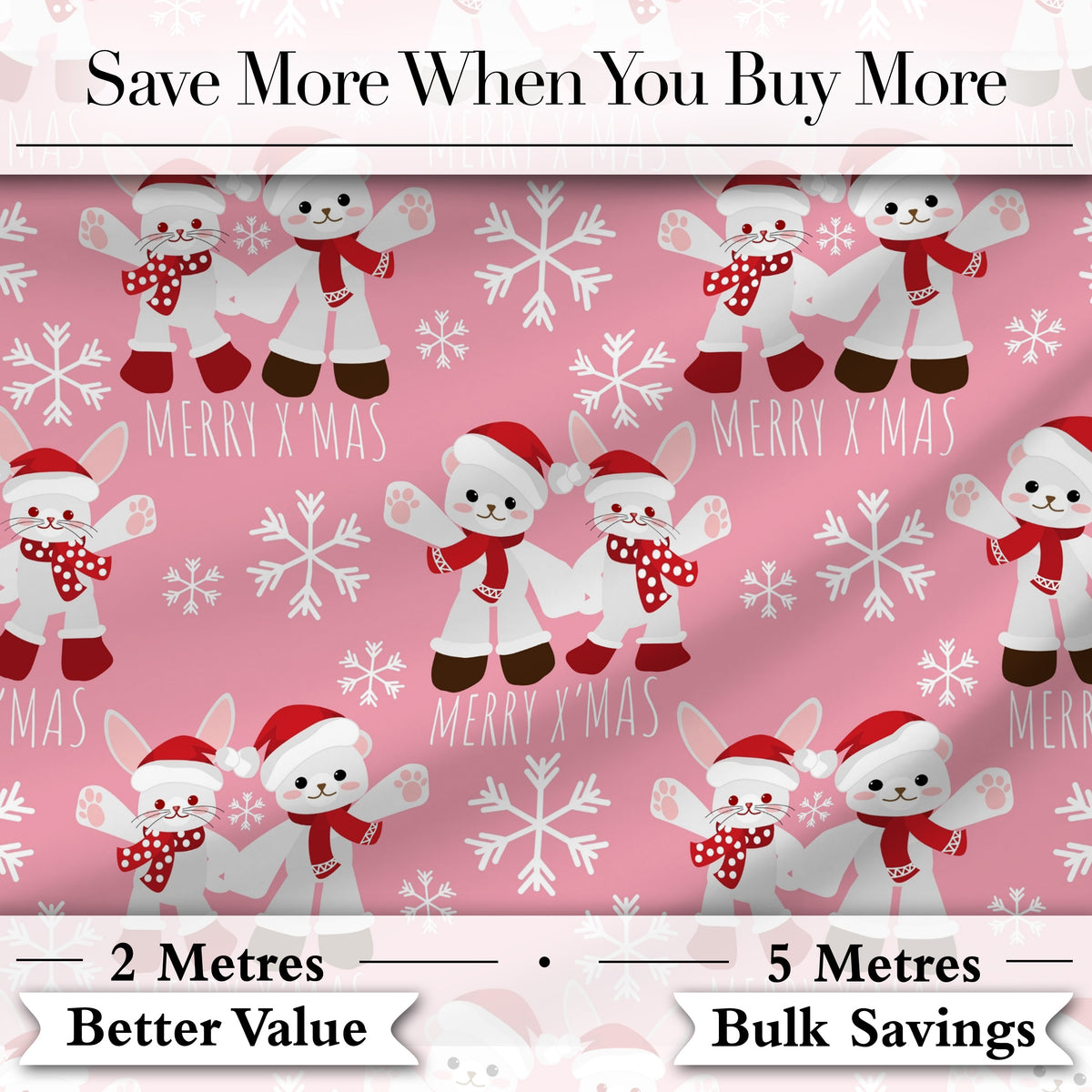 Cute Bunny Bear Merry Xmas Winter Seamless Pattern Digital Print Fabric by the Metre UK Sewing Quilting Textile
