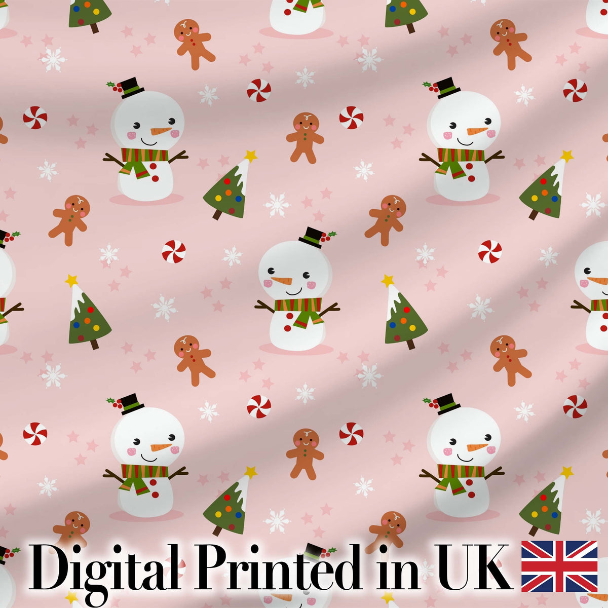 Cute Snowman Gingerbread Candy Winter Seamless Pattern Digital Print Fabric by the Metre UK Sewing Quilting Textile