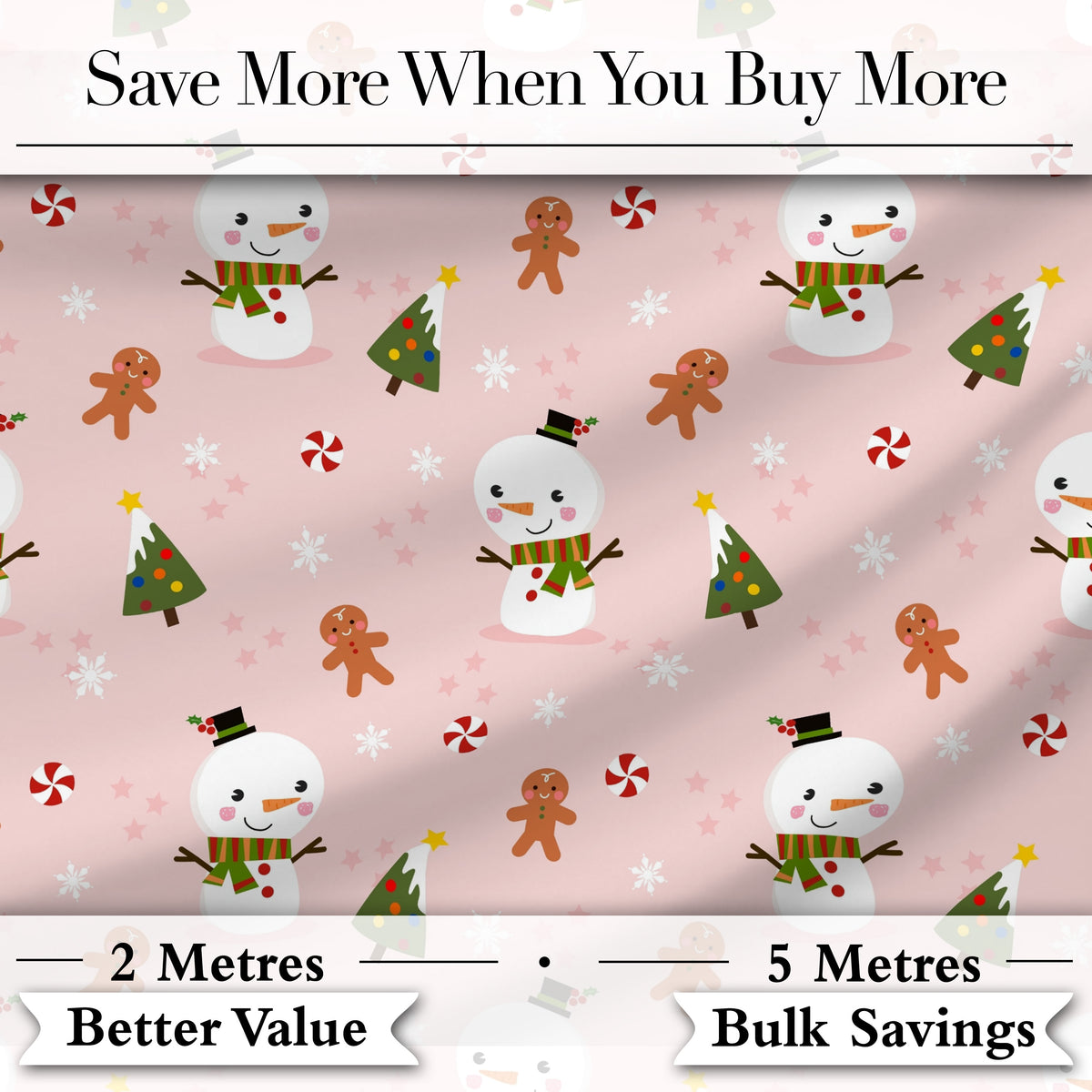Cute Snowman Gingerbread Candy Winter Seamless Pattern Digital Print Fabric by the Metre UK Sewing Quilting Textile