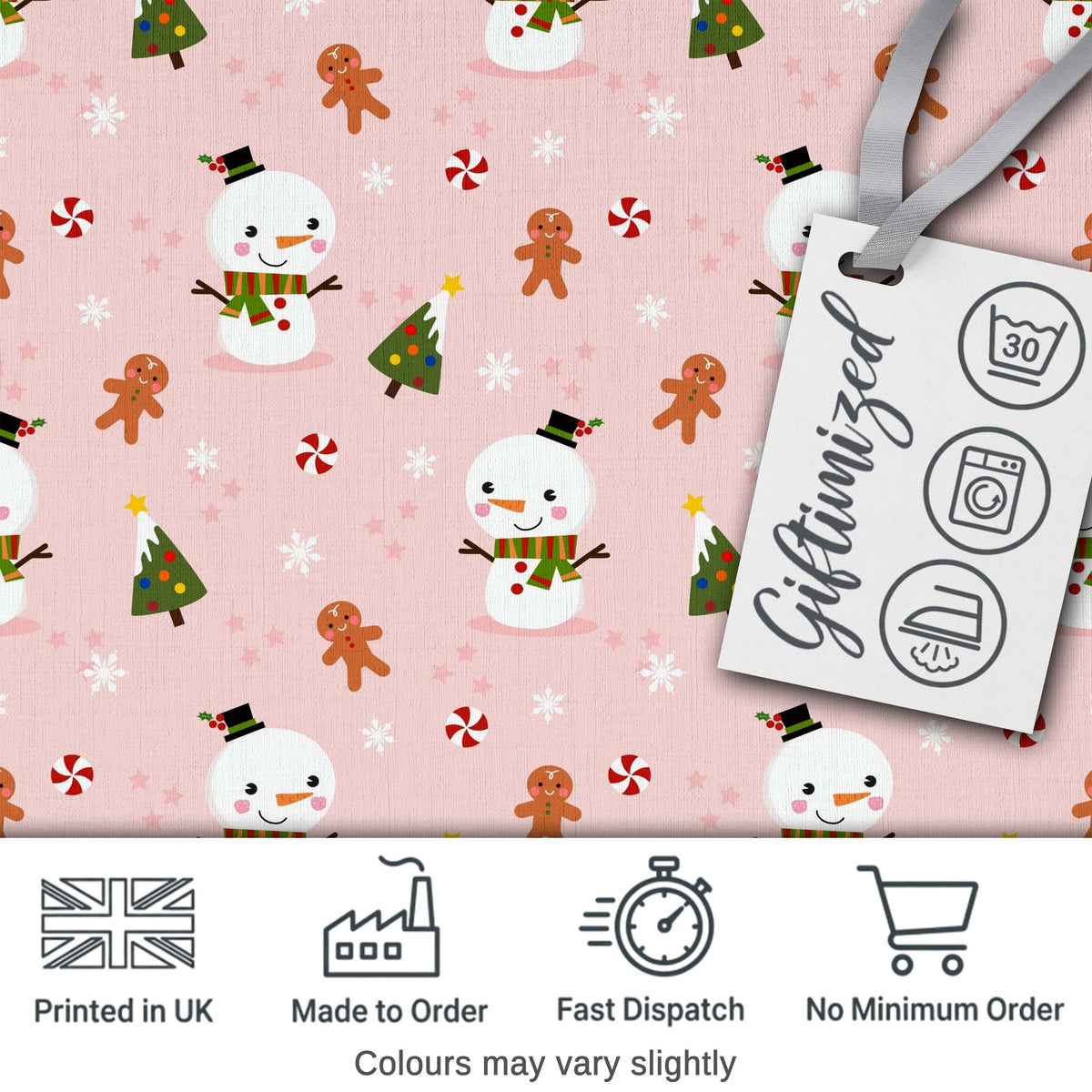 Cute Snowman Gingerbread Candy Winter Seamless Pattern Digital Print Fabric by the Metre UK Sewing Quilting Textile