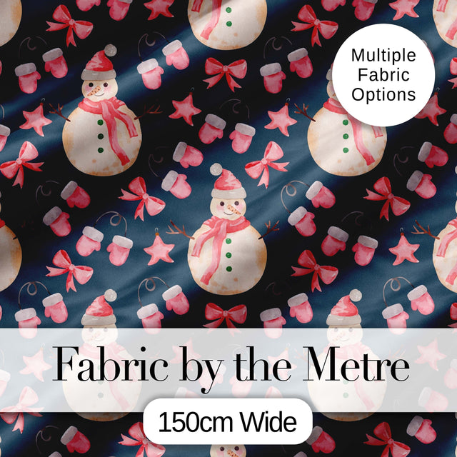 Watercolor Snowman Mittens Bow Winter Seamless Pattern Digital Print Fabric by the Metre UK Sewing Quilting Textile