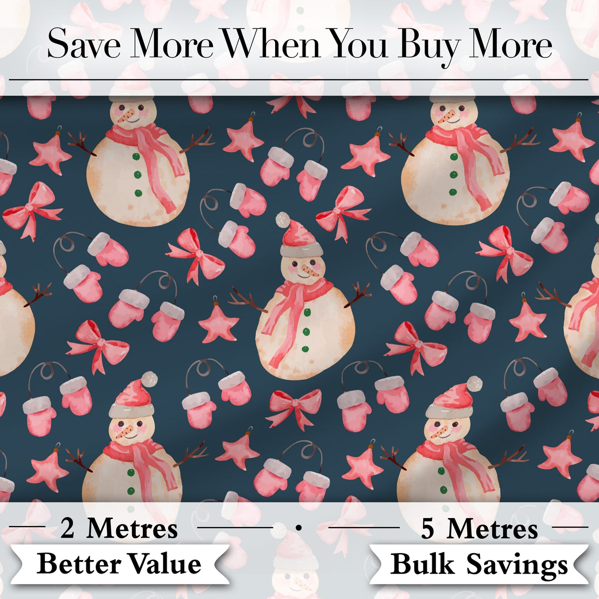 Watercolor Snowman Mittens Bow Winter Seamless Pattern Digital Print Fabric by the Metre UK Sewing Quilting Textile