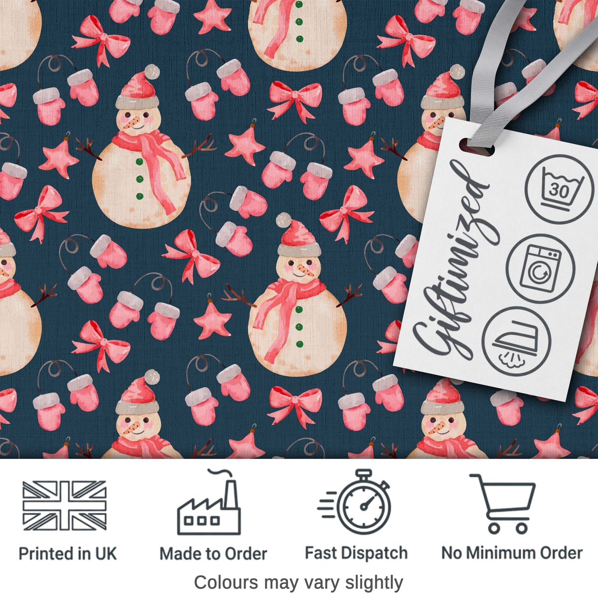 Watercolor Snowman Mittens Bow Winter Seamless Pattern Digital Print Fabric by the Metre UK Sewing Quilting Textile