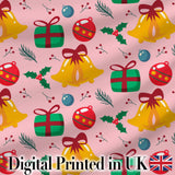Festive Bells Gift Holly Ornament Seamless Pattern Digital Print Fabric by the Metre UK Sewing Quilting Textile