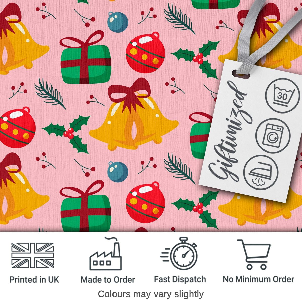 Festive Bells Gift Holly Ornament Seamless Pattern Digital Print Fabric by the Metre UK Sewing Quilting Textile