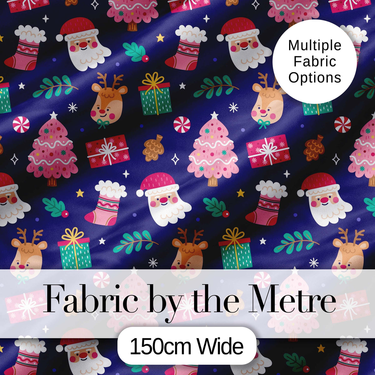 Cute Santa Reindeer Tree Gift Dark Seamless Pattern Digital Print Fabric by the Metre UK Sewing Quilting Textile