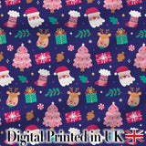 Cute Santa Reindeer Tree Gift Dark Seamless Pattern Digital Print Fabric by the Metre UK Sewing Quilting Textile