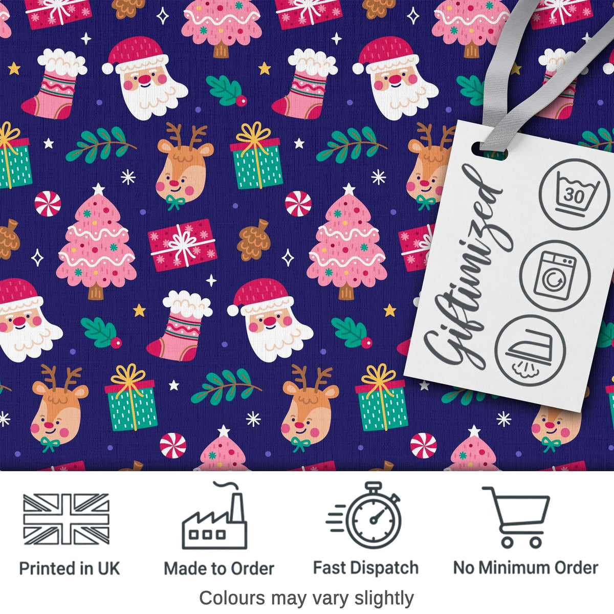 Cute Santa Reindeer Tree Gift Dark Seamless Pattern Digital Print Fabric by the Metre UK Sewing Quilting Textile