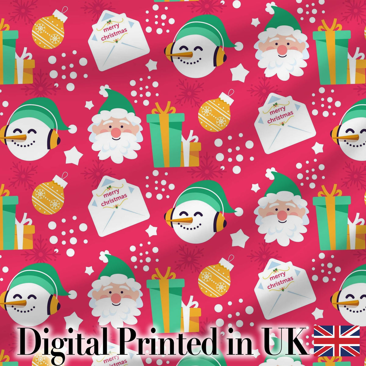 Cute Santa Snowman Letter Gift Seamless Pattern Digital Print Fabric by the Metre UK Sewing Quilting Textile