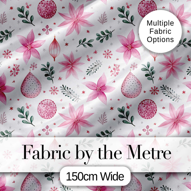 Watercolor Pink Poinsettia Leaves Christmas Seamless Pattern Digital Print Fabric by the Metre UK Sewing Quilting Textile