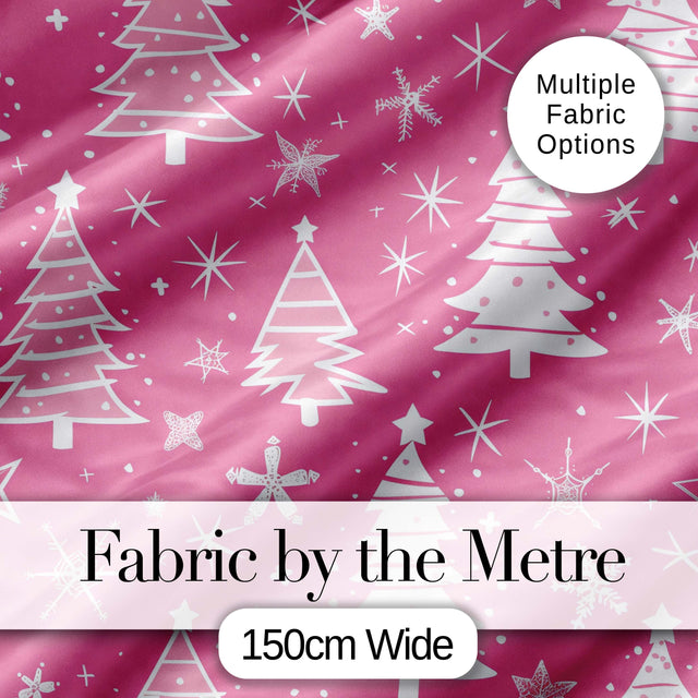 Pink Christmas Trees Snowflake Star Seamless Pattern Digital Print Fabric by the Metre UK Sewing Quilting Textile