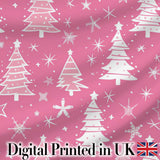 Pink Christmas Trees Snowflake Star Seamless Pattern Digital Print Fabric by the Metre UK Sewing Quilting Textile