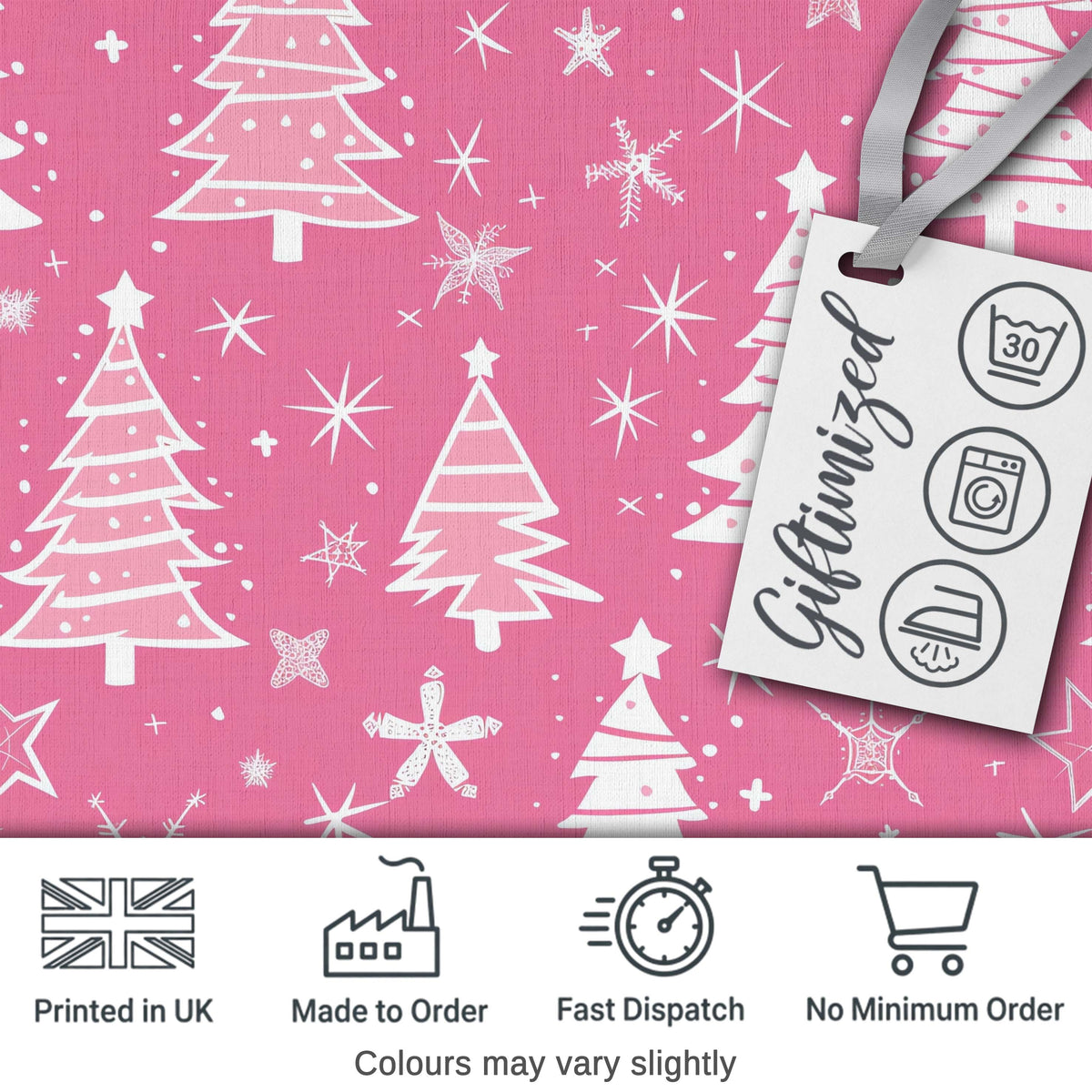 Pink Christmas Trees Snowflake Star Seamless Pattern Digital Print Fabric by the Metre UK Sewing Quilting Textile