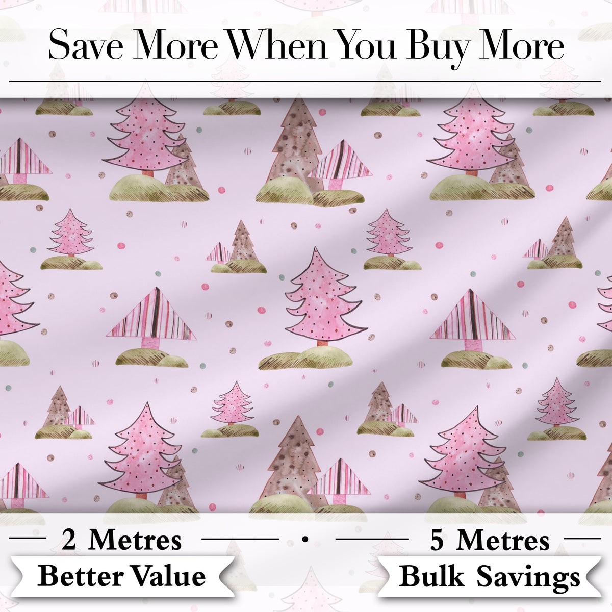 Hand Drawn Pink Winter Forest Trees Seamless Pattern Digital Print Fabric by the Metre UK Sewing Quilting Textile