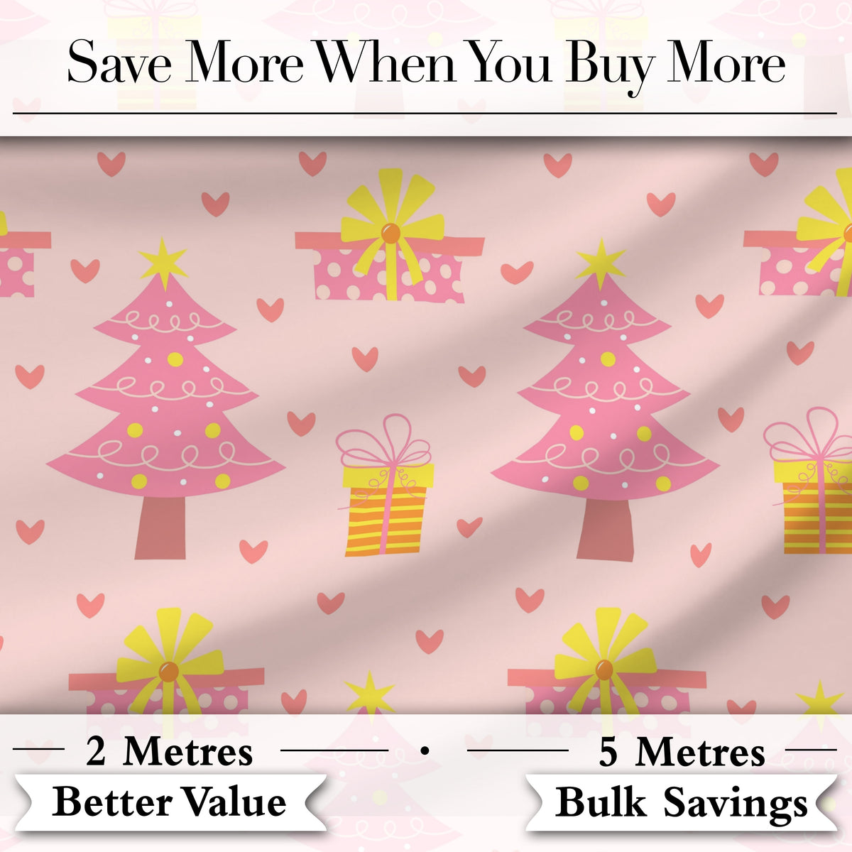 Cute Pink Christmas Tree Gift Box Heart Seamless Pattern Digital Print Fabric by the Metre UK Sewing Quilting Textile
