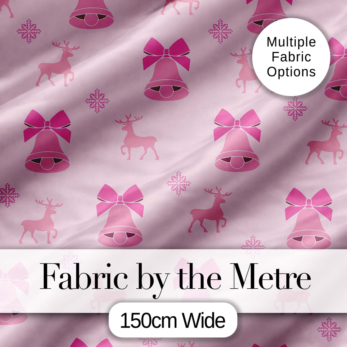 Pink Bell Bow Reindeer Snowflake Christmas Seamless Pattern Digital Print Fabric by the Metre UK Sewing Quilting Textile