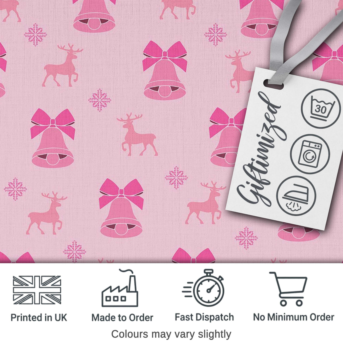 Pink Bell Bow Reindeer Snowflake Christmas Seamless Pattern Digital Print Fabric by the Metre UK Sewing Quilting Textile