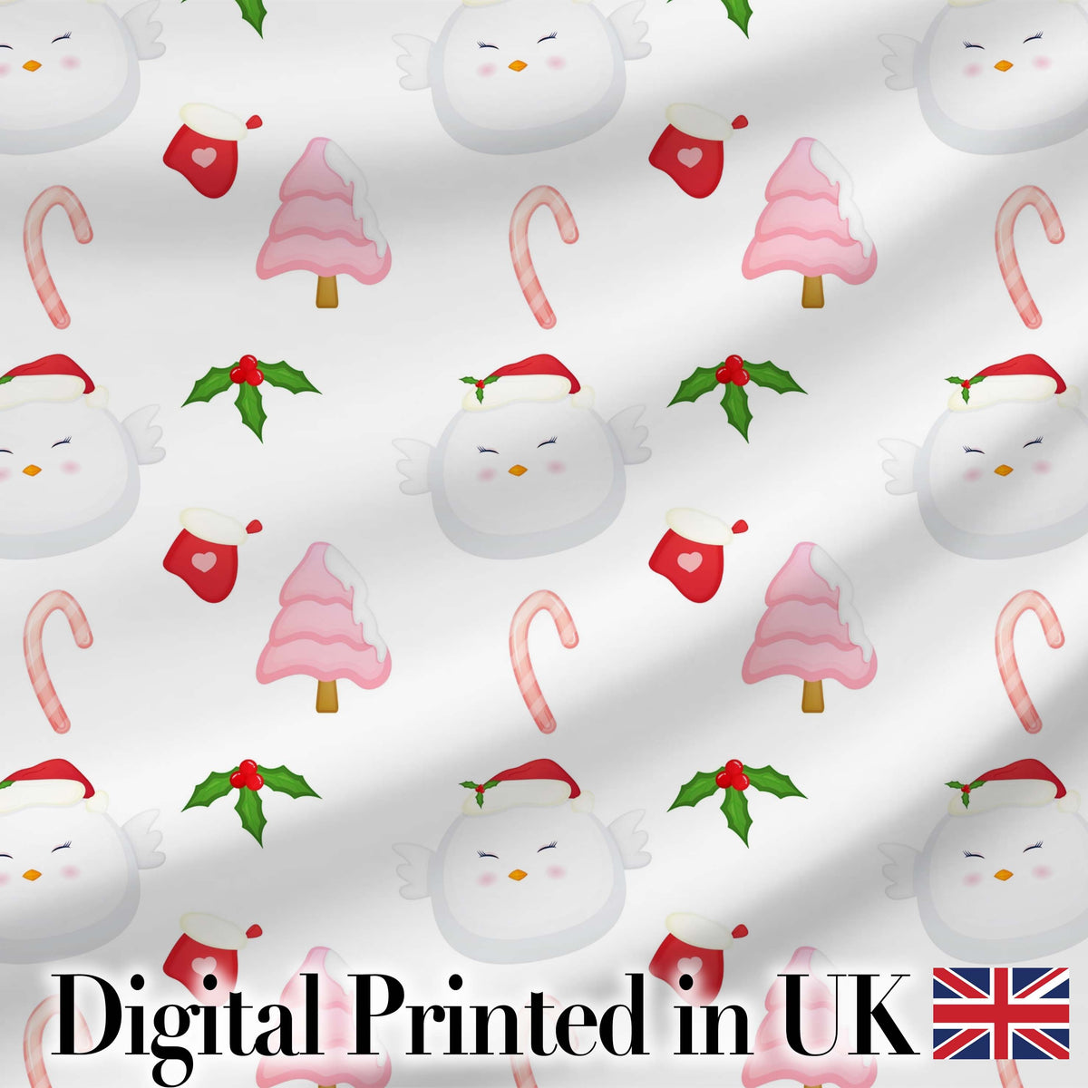 Cute Winter Bird Santa Hat Candy Cane Holly Seamless Pattern Digital Print Fabric by the Metre UK Sewing Quilting Textile