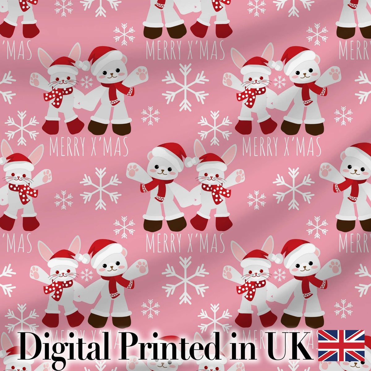 Cute Bunny Bear Merry Christmas Snowflake Seamless Pattern Digital Print Fabric by the Metre UK Sewing Quilting Textile
