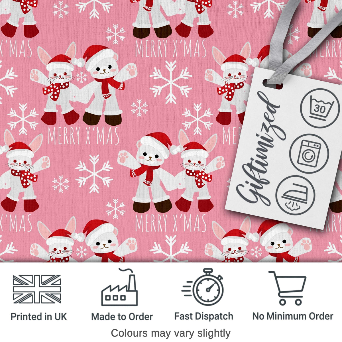 Cute Bunny Bear Merry Christmas Snowflake Seamless Pattern Digital Print Fabric by the Metre UK Sewing Quilting Textile