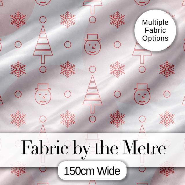 Minimal Line Christmas Tree Snowflake Snowman Seamless Pattern Digital Print Fabric by the Metre UK Sewing Quilting Textile
