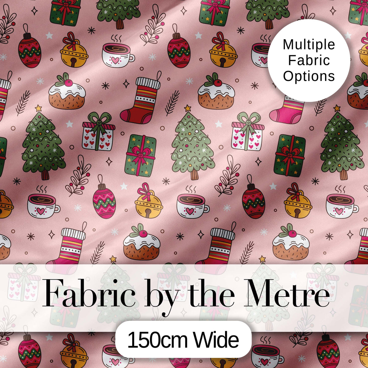 Cute Christmas Tree Gift Coffee Sock Ornament Seamless Pattern Digital Print Fabric by the Metre UK Sewing Quilting Textile